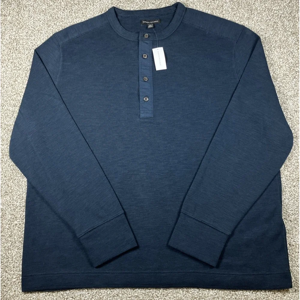 Banana Republic Men's Slub Double Knit Henley Shirt Navy Blue Size XL NEW